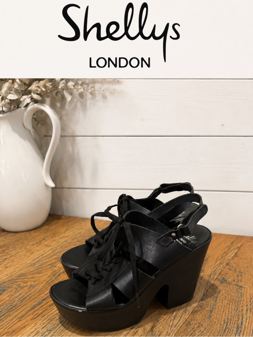 Shellys London Sandales Plateforme à Lacets Cuir Noir Taille 8